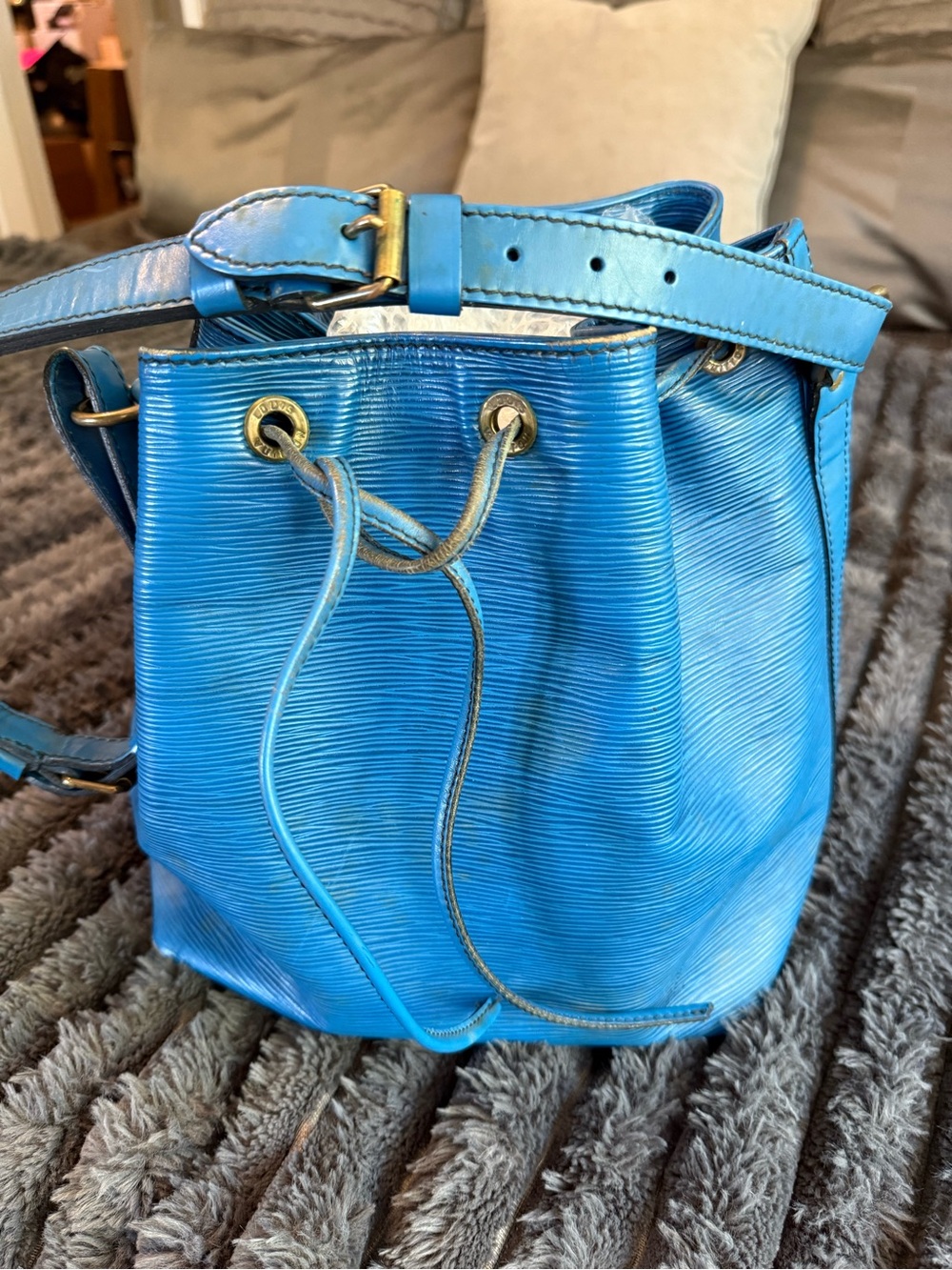 LV Blue Leather Drawstring Bucket Bag